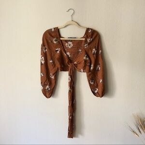 Audrey 3+1 Floral Boho Front Tie Blouse Orange S